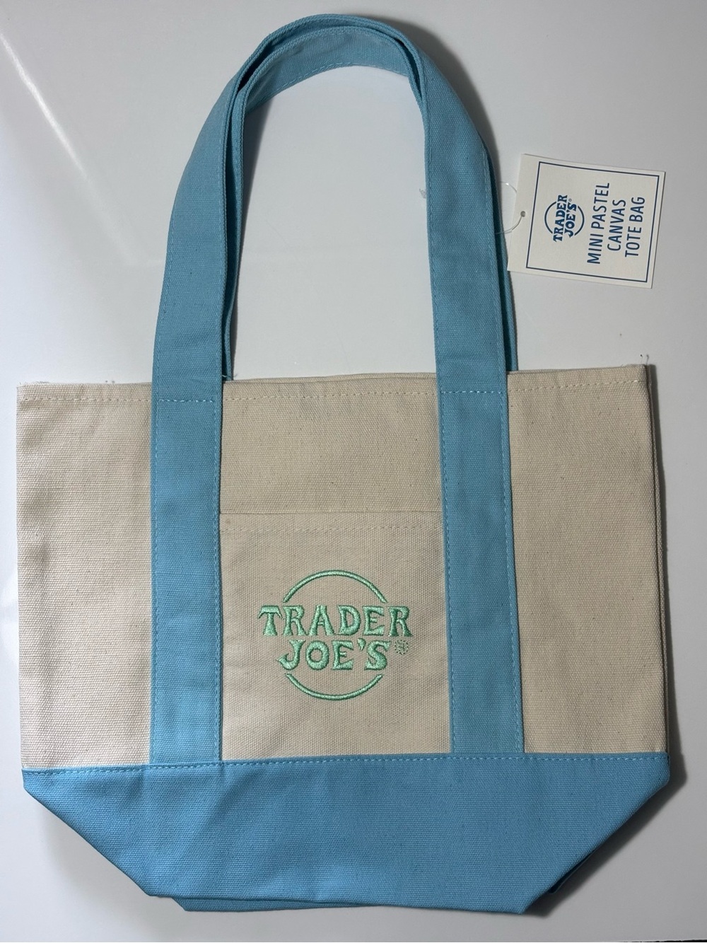 Trader Joe's Canvas Tote in Light Blue and Cream